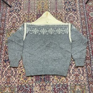 VTG 50s 60s Norse Knit NorPol Wool Alpine Sweater Grey Fair Isle Shawl Collar XL